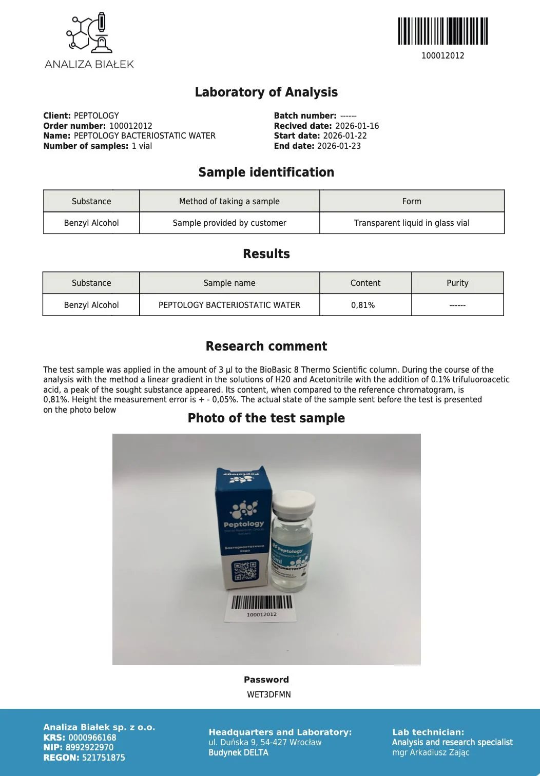 Bakteriostatisches Wasser – HPLC-Reinheitszertifikat