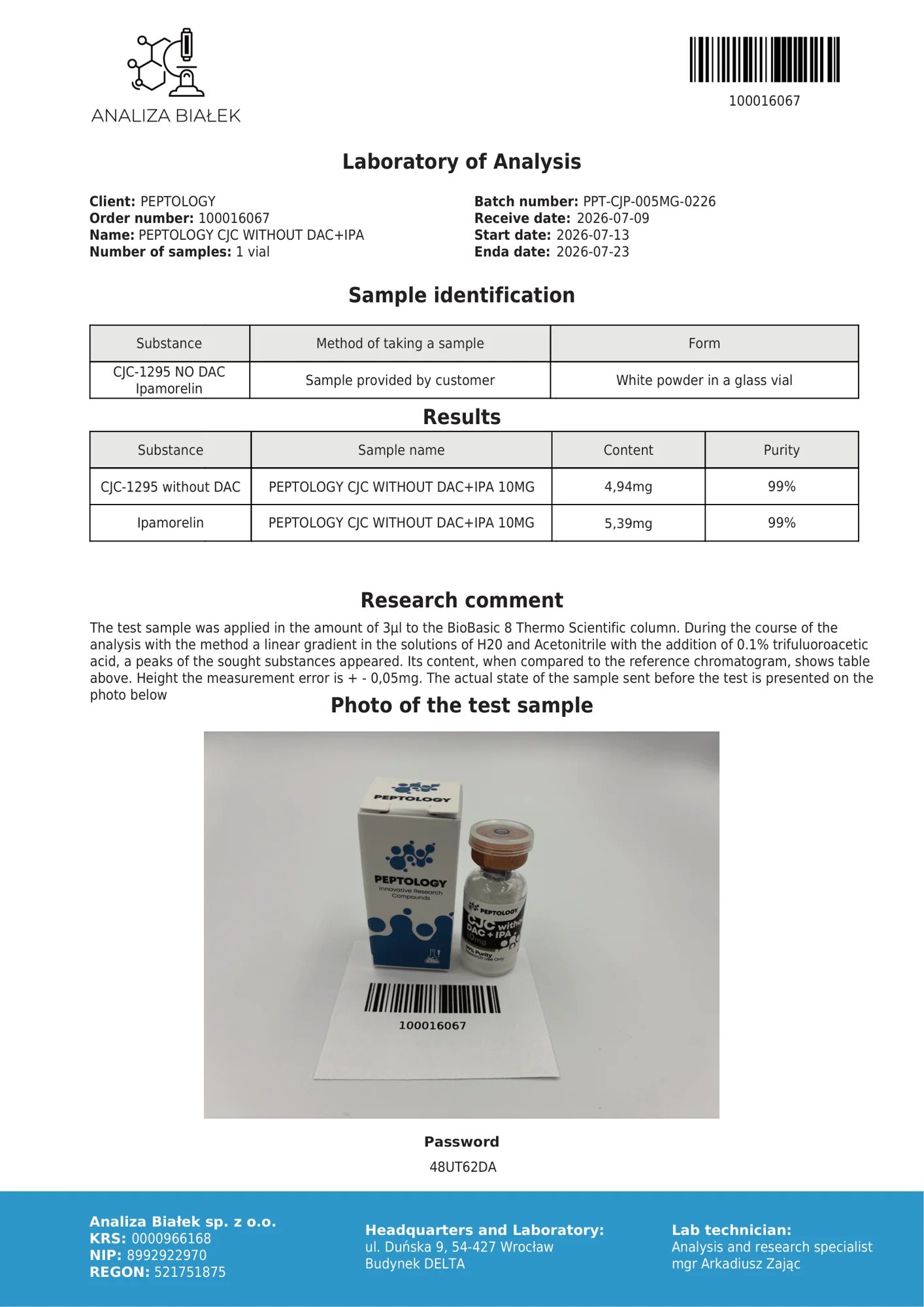 CJC-1295 + Ipamorelin 10 mg – HPLC-Reinheitszertifikat