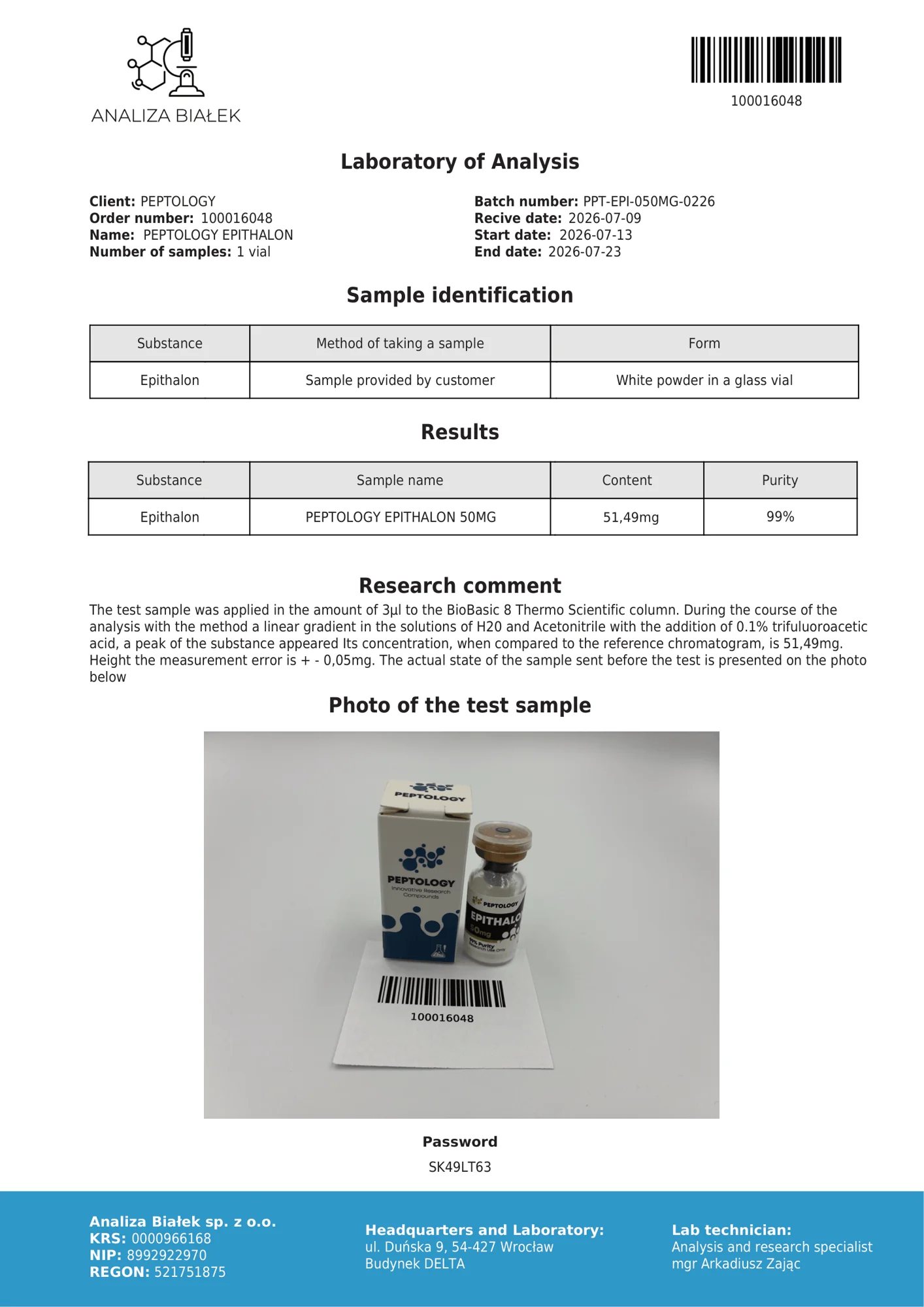 Epithalon 50 mg – HPLC-Reinheitszertifikat