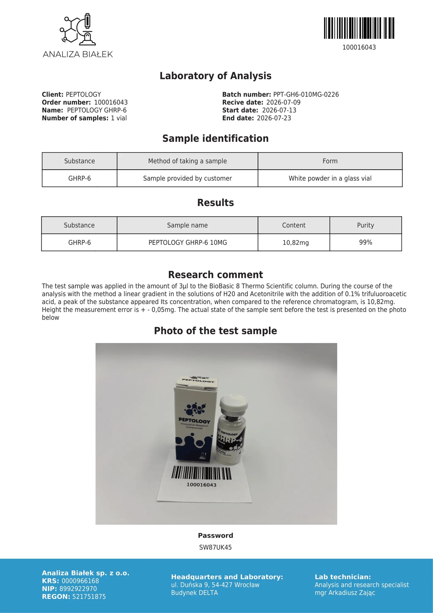 GHRP-6 10 mg – HPLC-Reinheitszertifikat