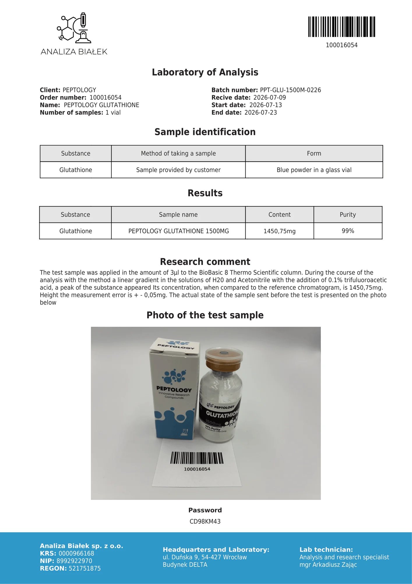 Glutathione 1500 mg – HPLC-Reinheitszertifikat