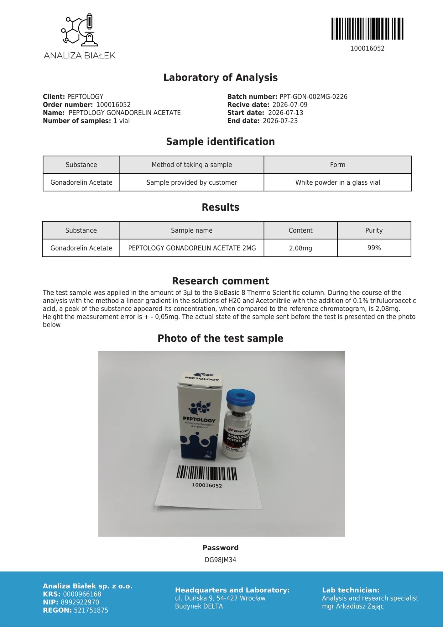 Gonadorelin 2 mg – HPLC-Reinheitszertifikat