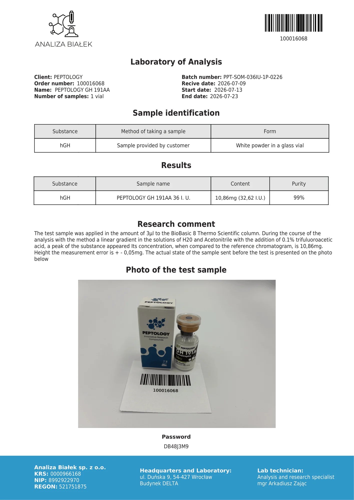 Somatropin 36 IU – HPLC-Reinheitszertifikat