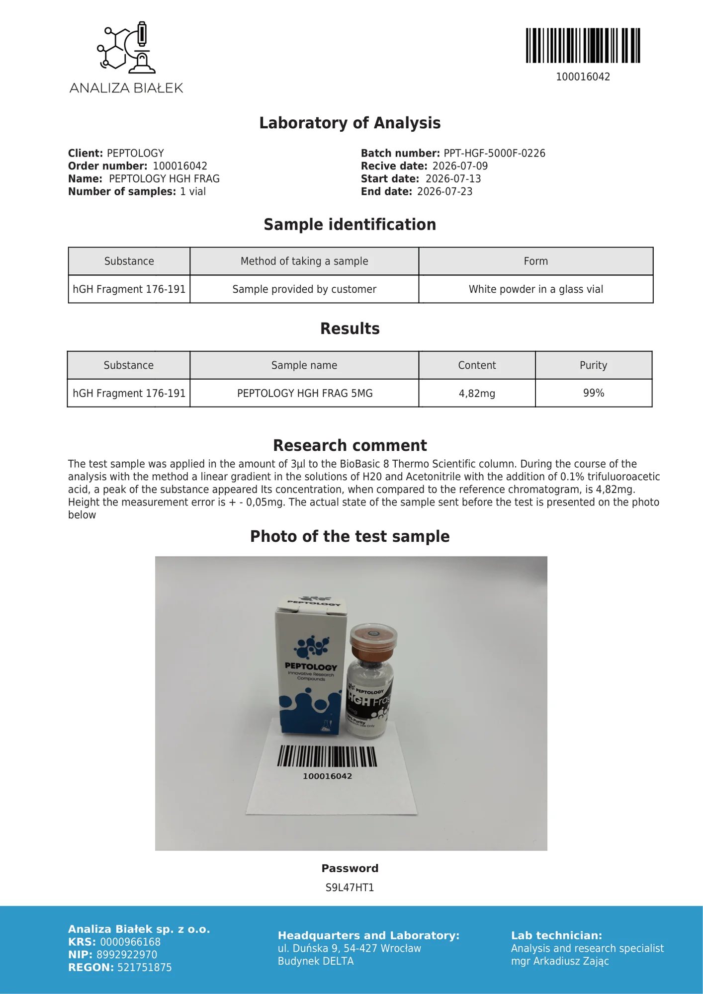 HGH Frag 5 mg – HPLC-Reinheitszertifikat