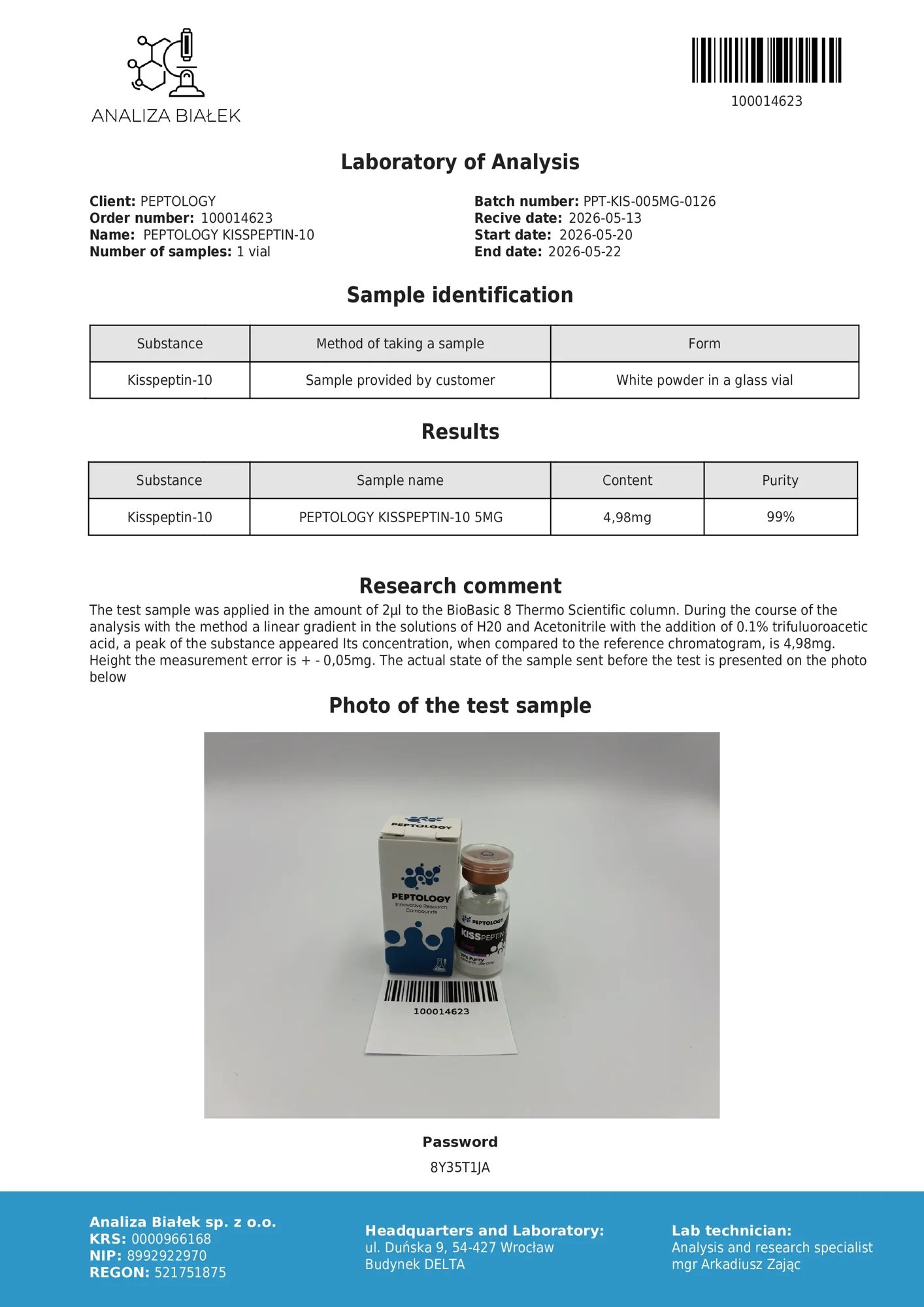 Kisspeptin-10 – HPLC-Reinheitszertifikat, Charge 0126