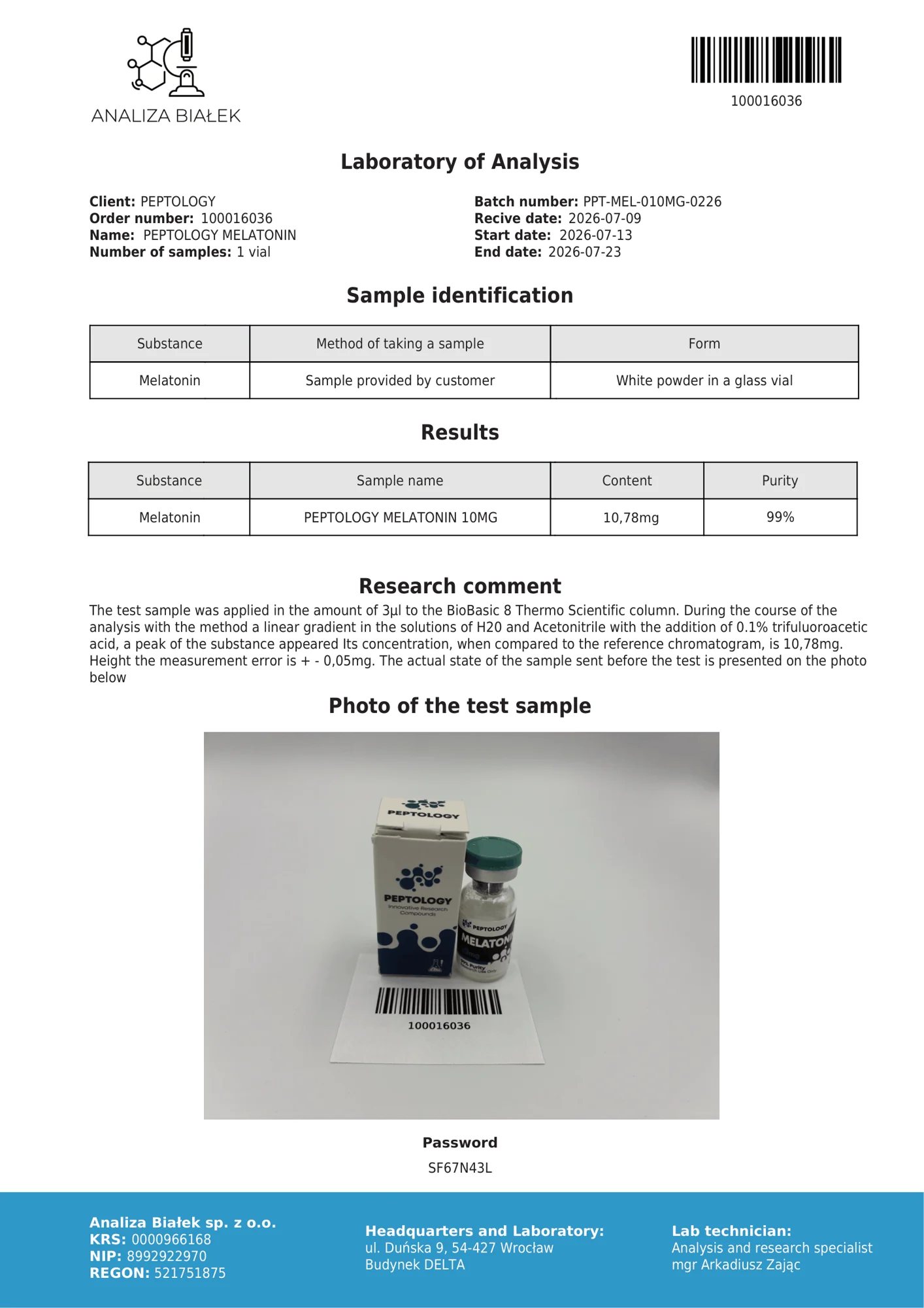 Melatonin 10 mg – HPLC-Reinheitszertifikat