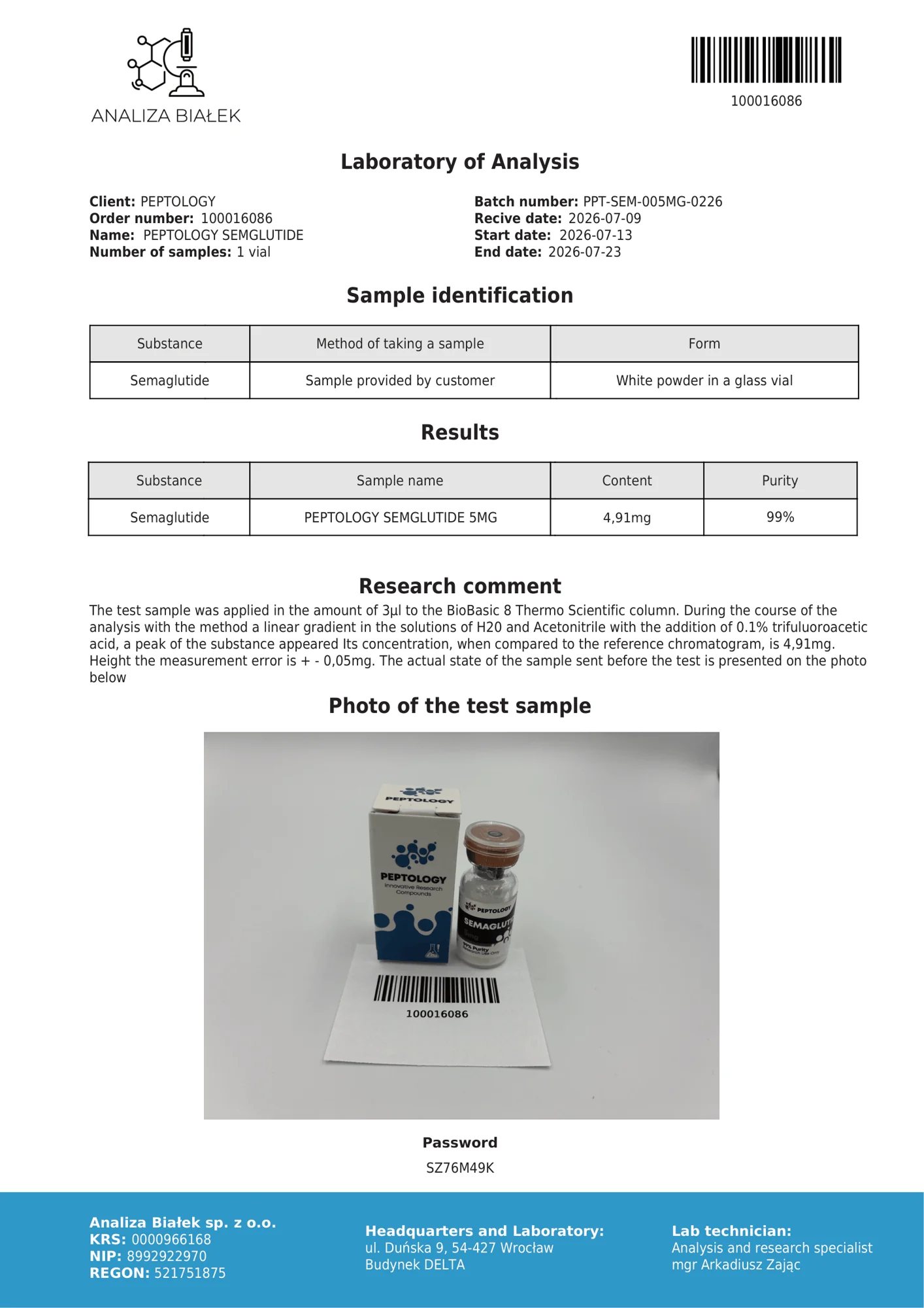 Semaglutide 5 mg – HPLC-Reinheitszertifikat