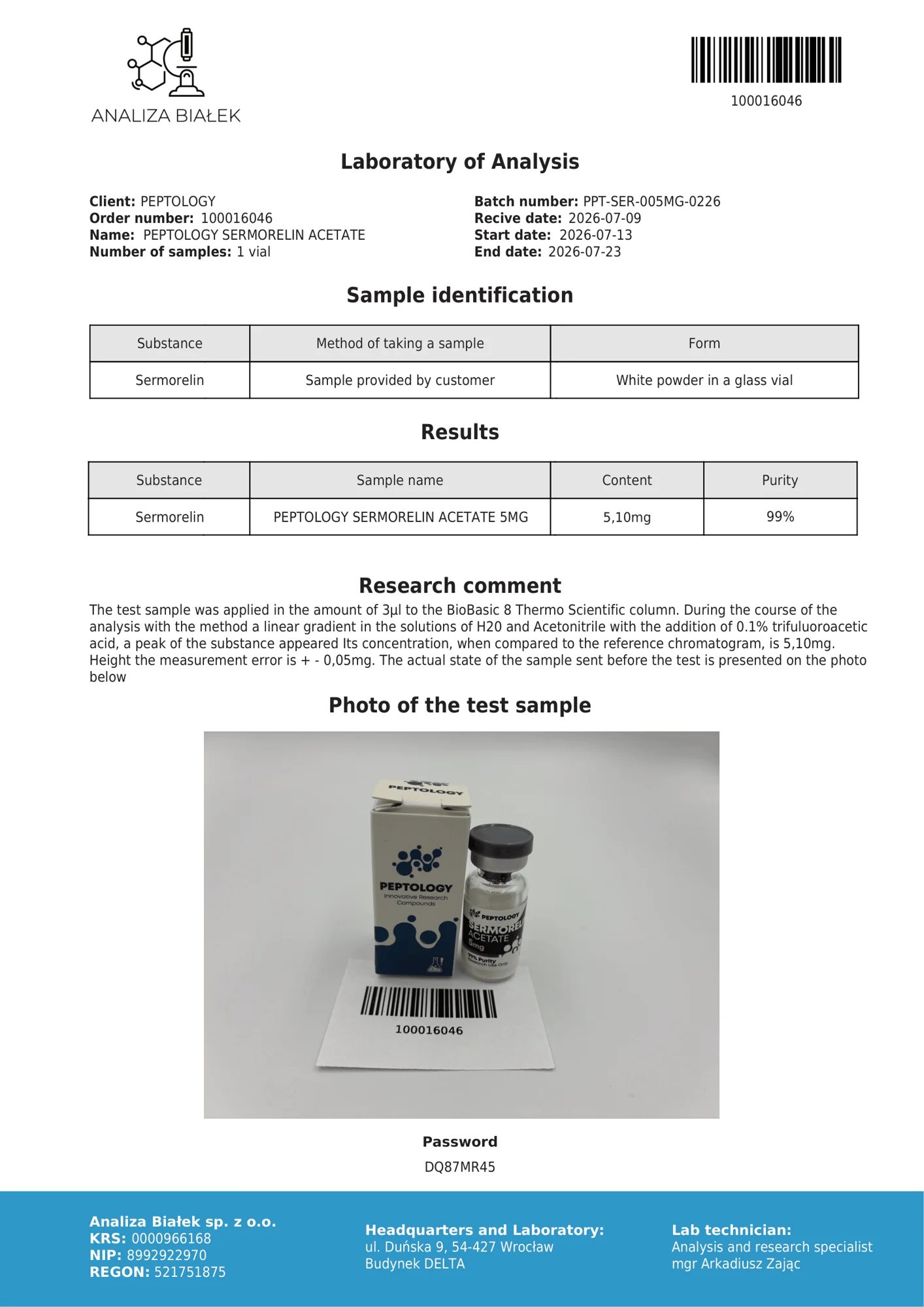 Sermorelin 5 mg – HPLC-Reinheitszertifikat