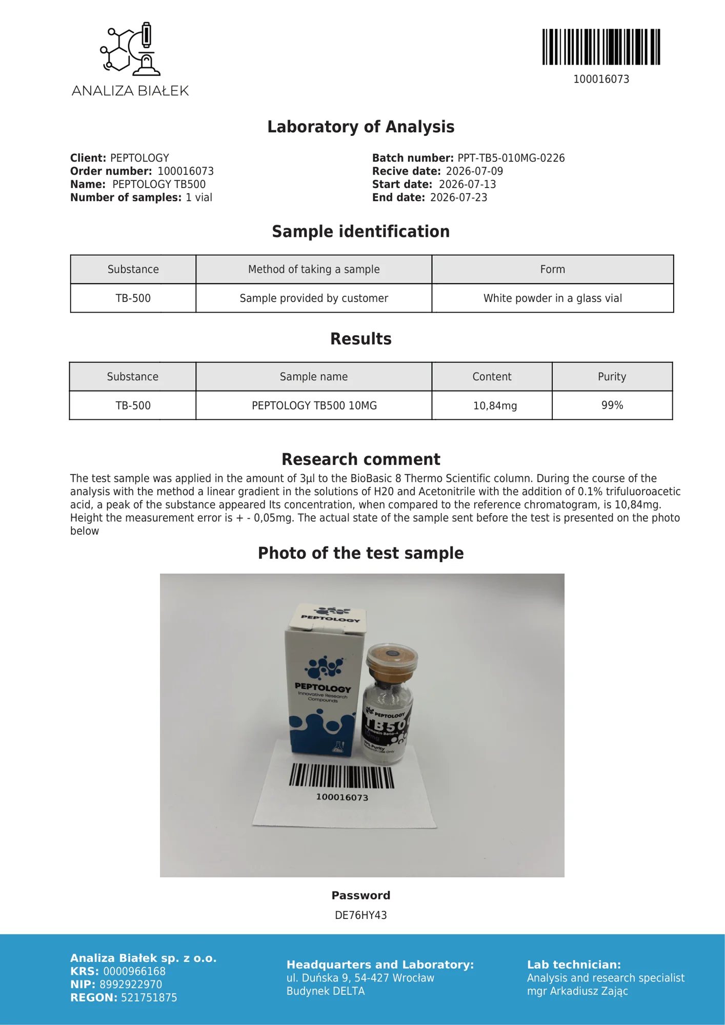 TB500 10 mg – HPLC-Reinheitszertifikat