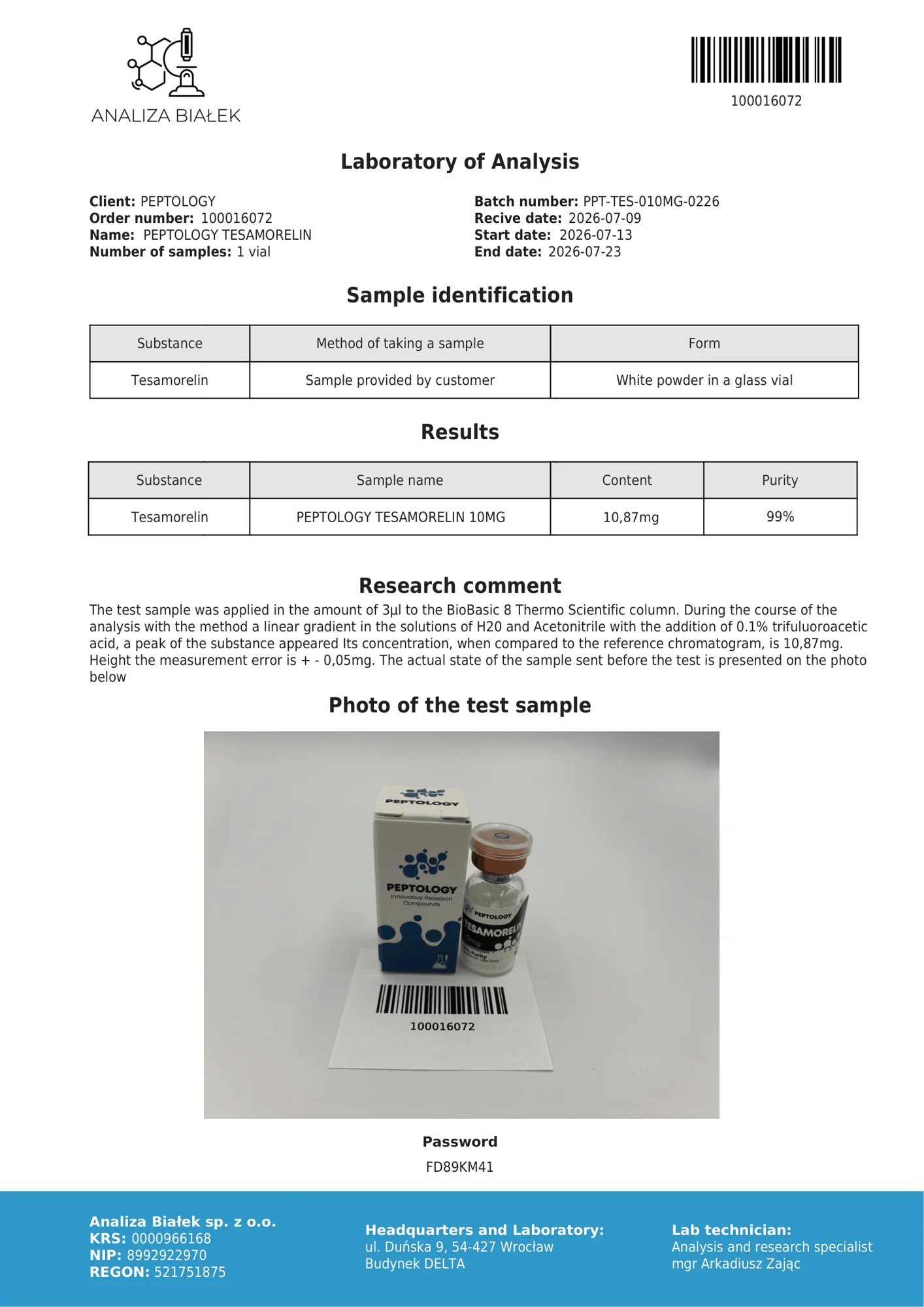 Tesamorelin 10 mg – HPLC-Reinheitszertifikat