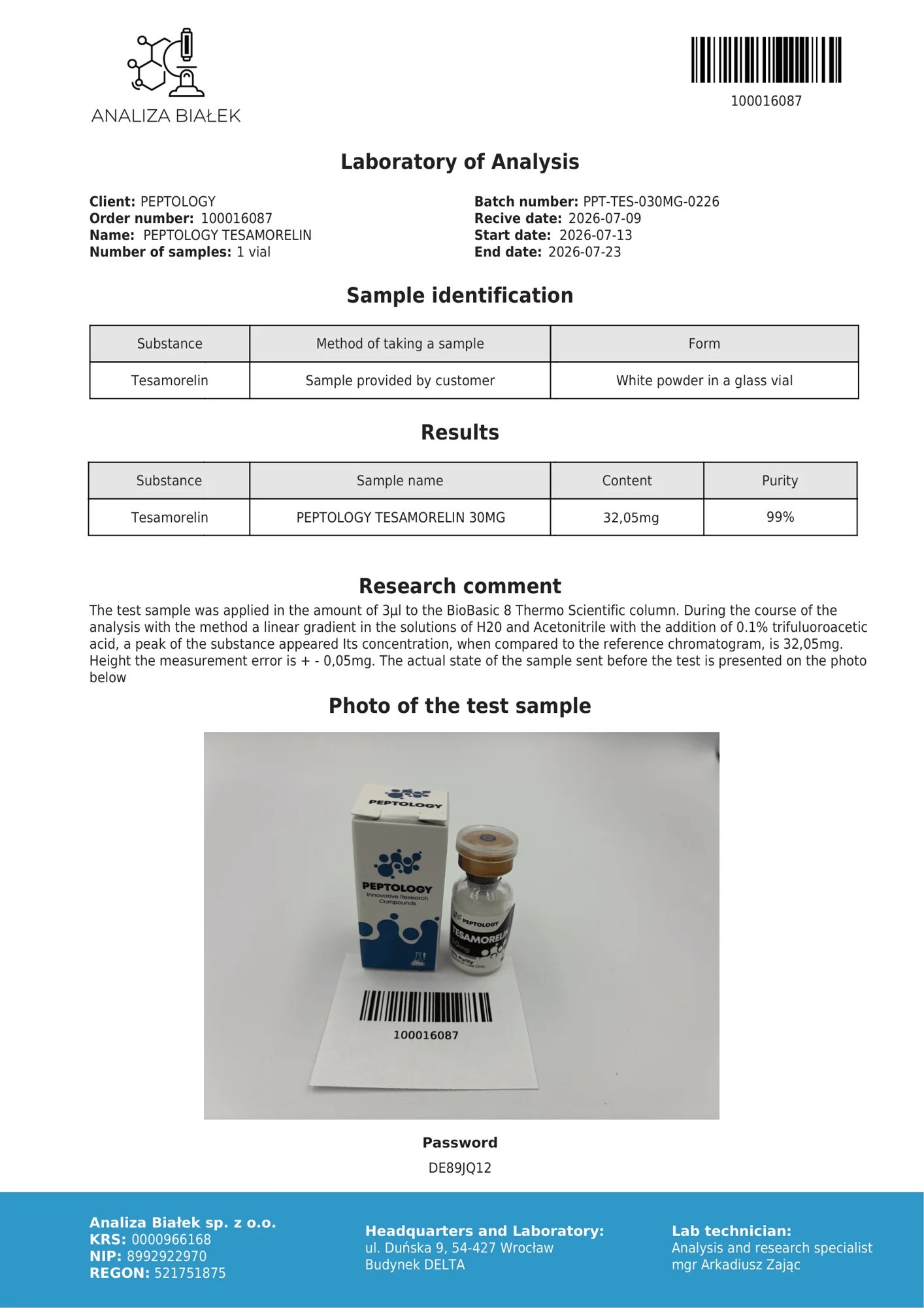 Tesamorelin 30 mg – HPLC-Reinheitszertifikat