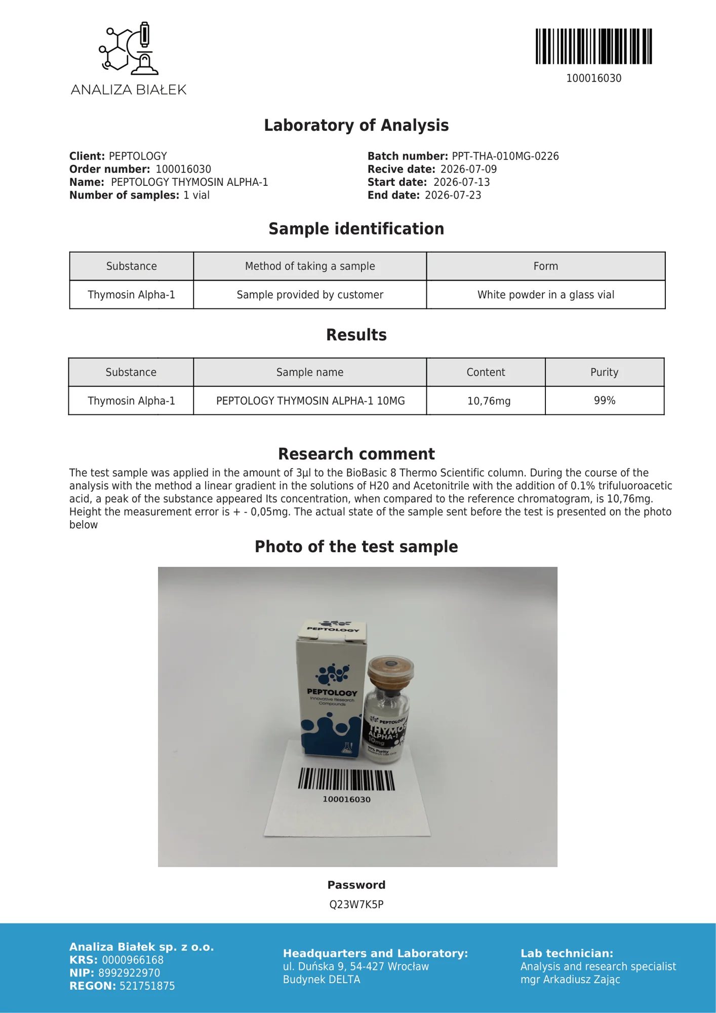 Thymosin Alpha-1 10 mg – HPLC-Reinheitszertifikat