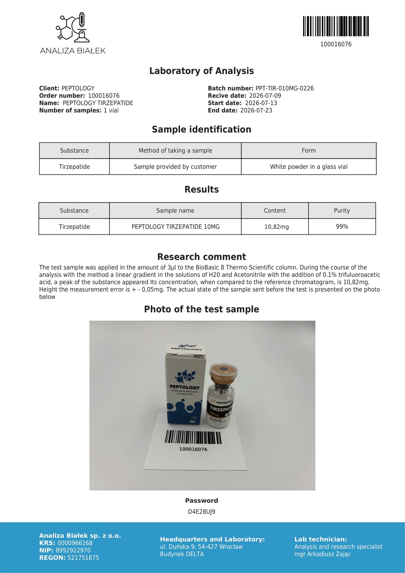 Tirzepatide 10 mg – HPLC-Reinheitszertifikat
