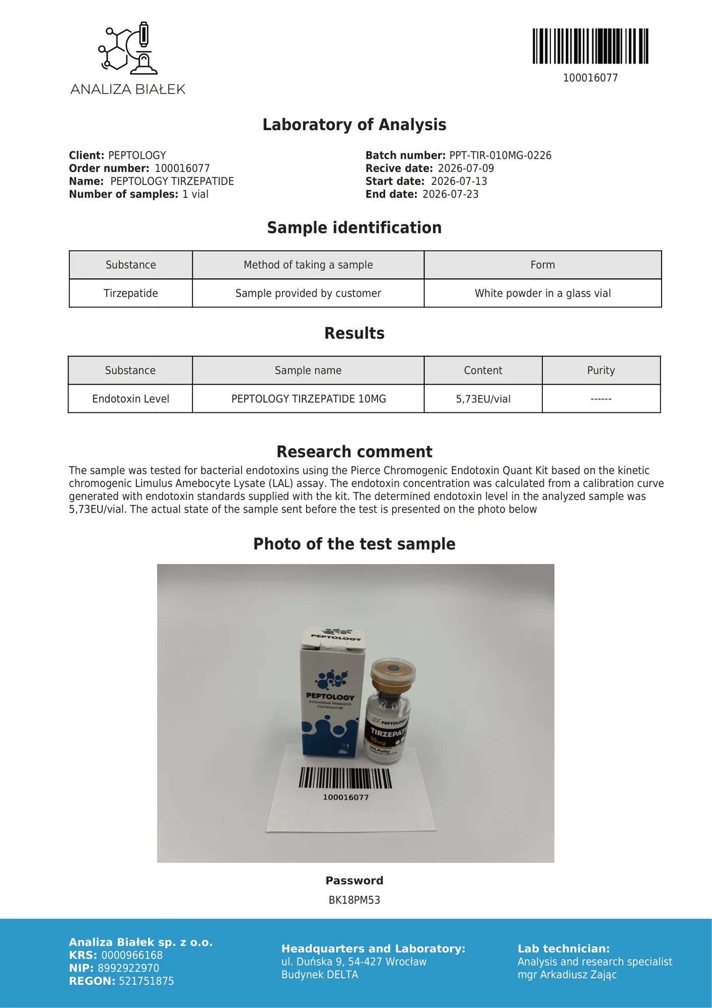 Tirzepatide 10 mg – Endotoxintest