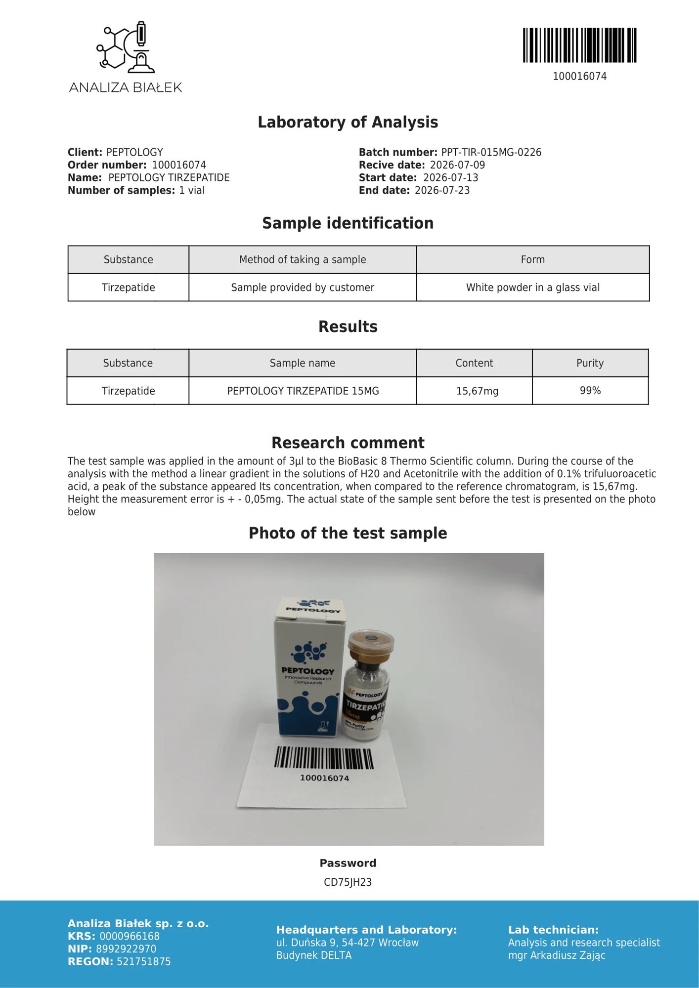 Tirzepatide 15 mg – HPLC-Reinheitszertifikat
