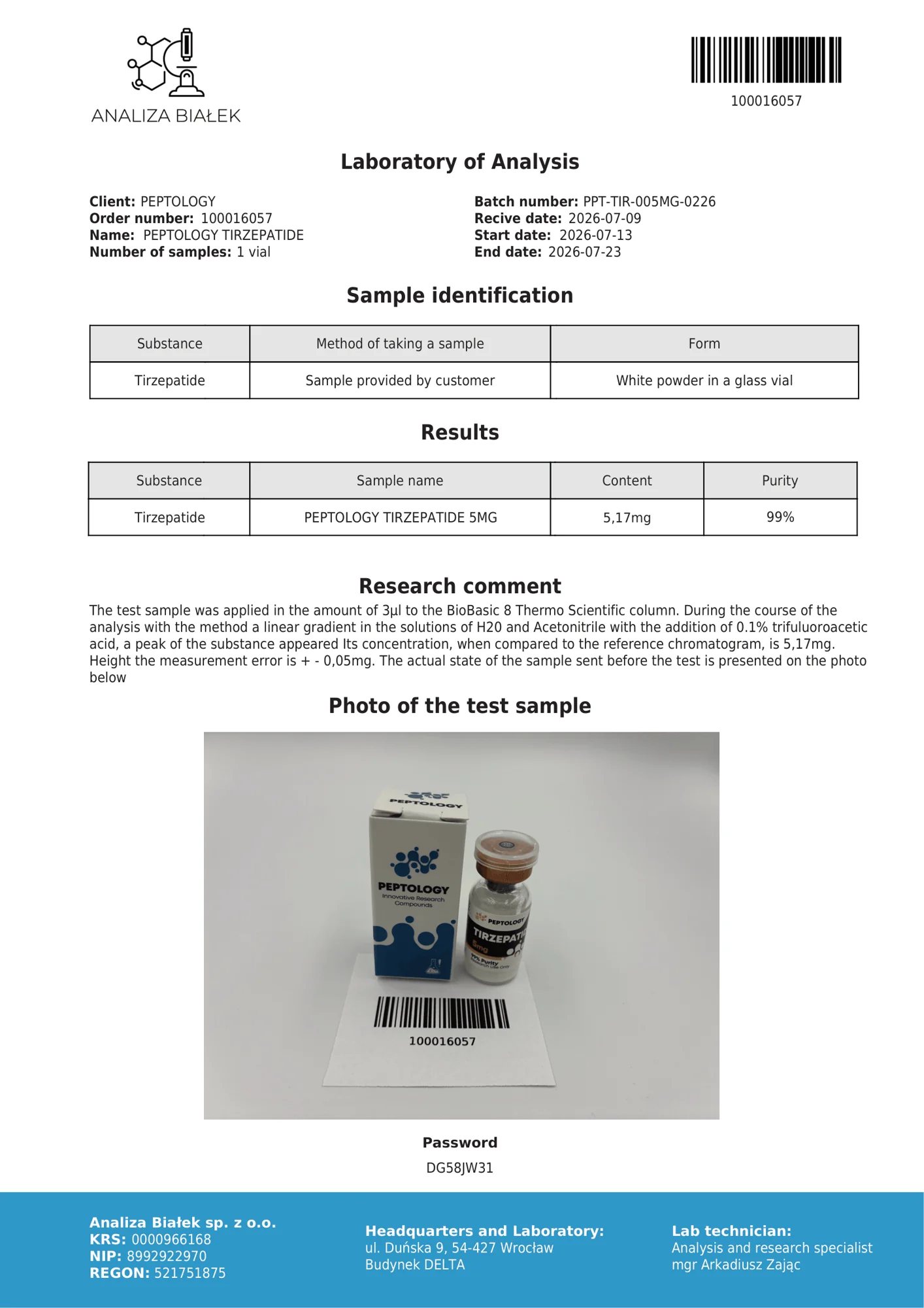 Tirzepatide 5 mg – HPLC-Reinheitszertifikat