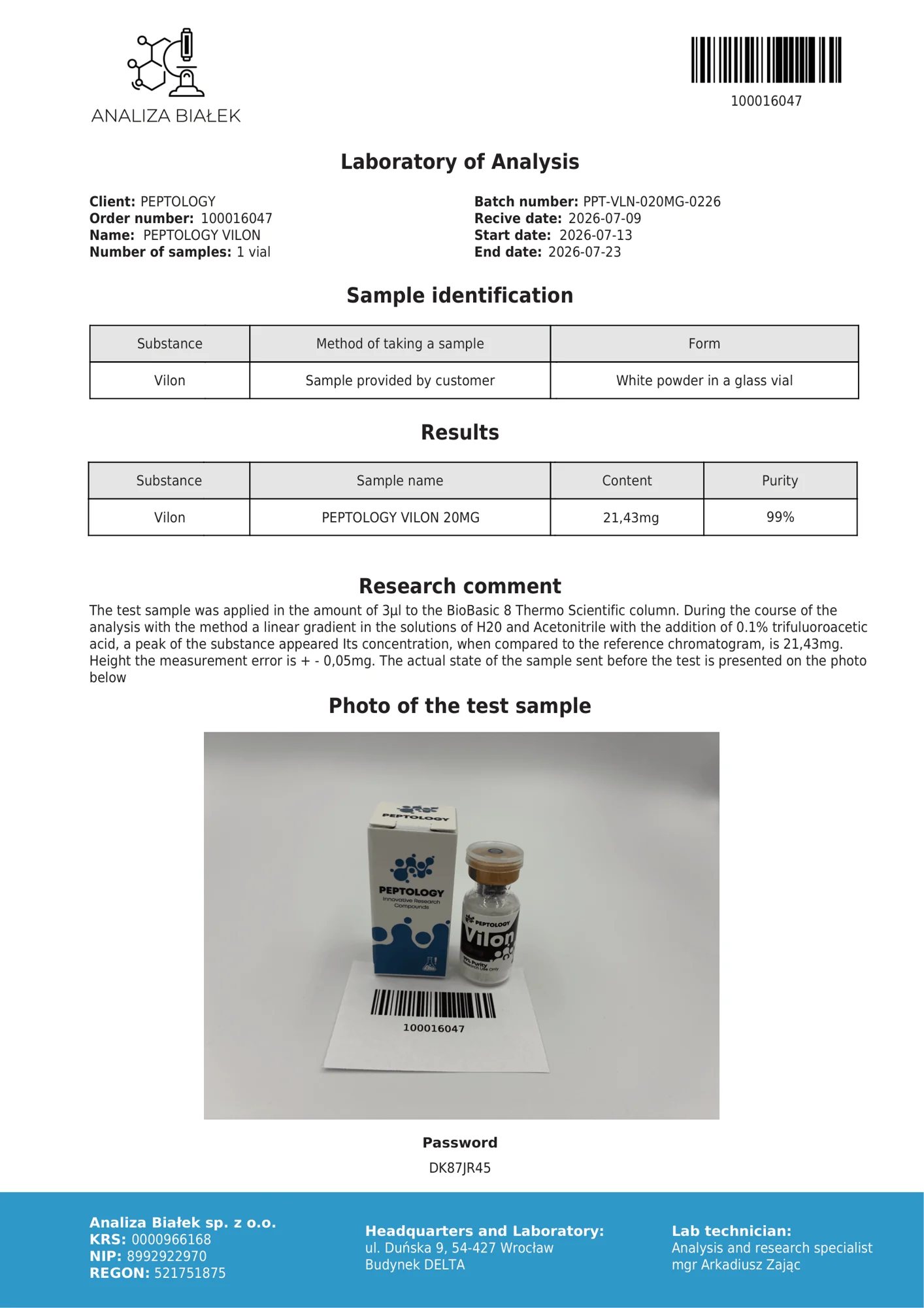Vilon 20 mg – HPLC-Reinheitszertifikat