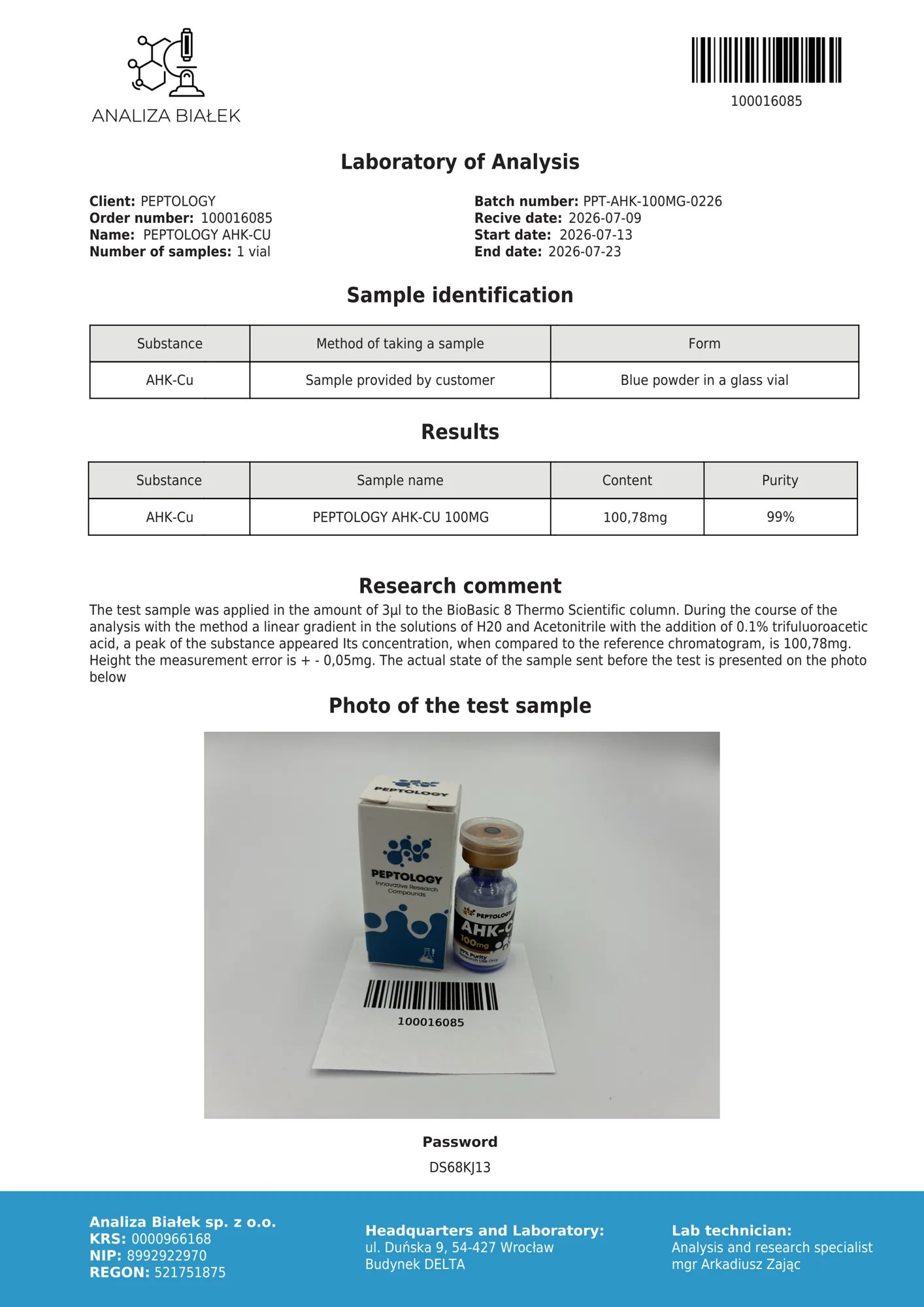 AHK‑Cu 100 mg – HPLC-Reinheitszertifikat, Charge 0226