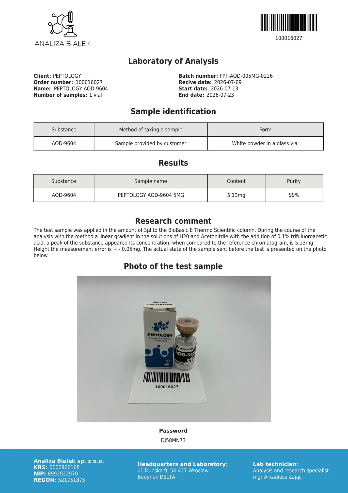 AOD-9604 5 mg – HPLC-Reinheitszertifikat, Charge 0226