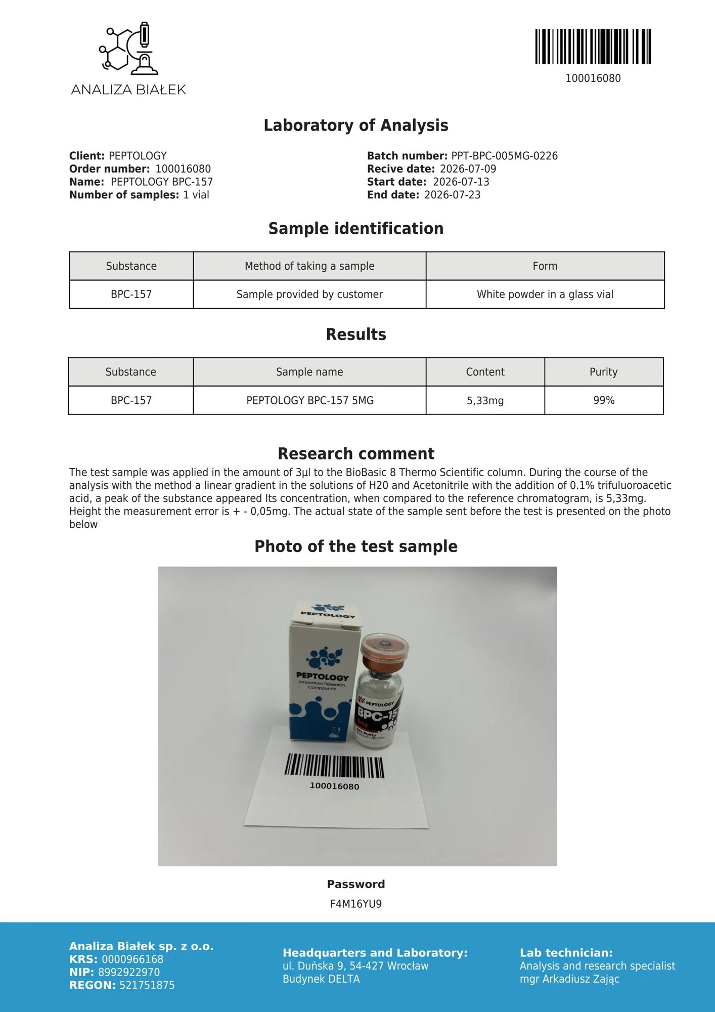 BPC‑157 5 mg – HPLC-Reinheitszertifikat, Charge 0226