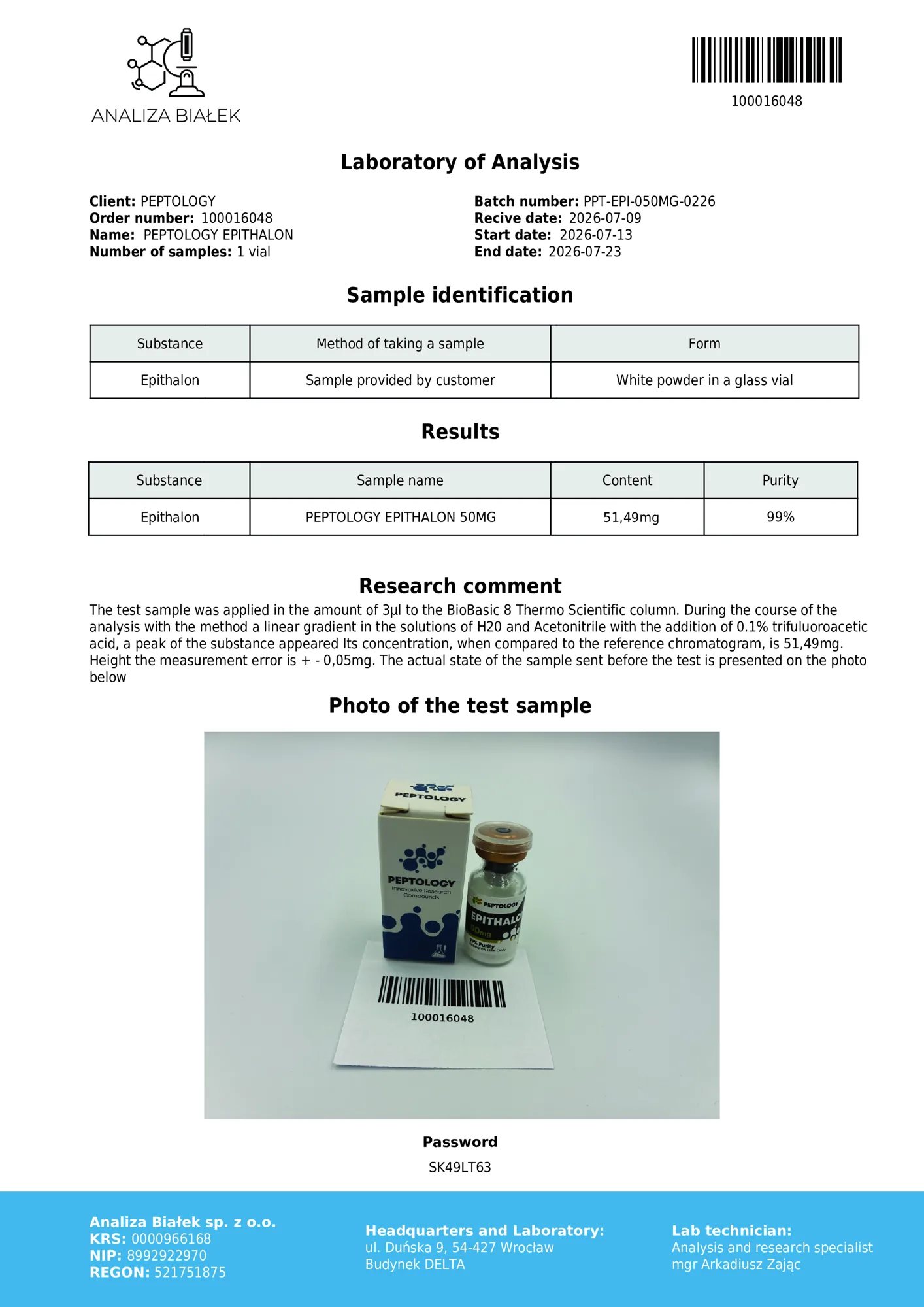 Epithalon 50 mg – HPLC-Reinheitszertifikat, Charge 0226