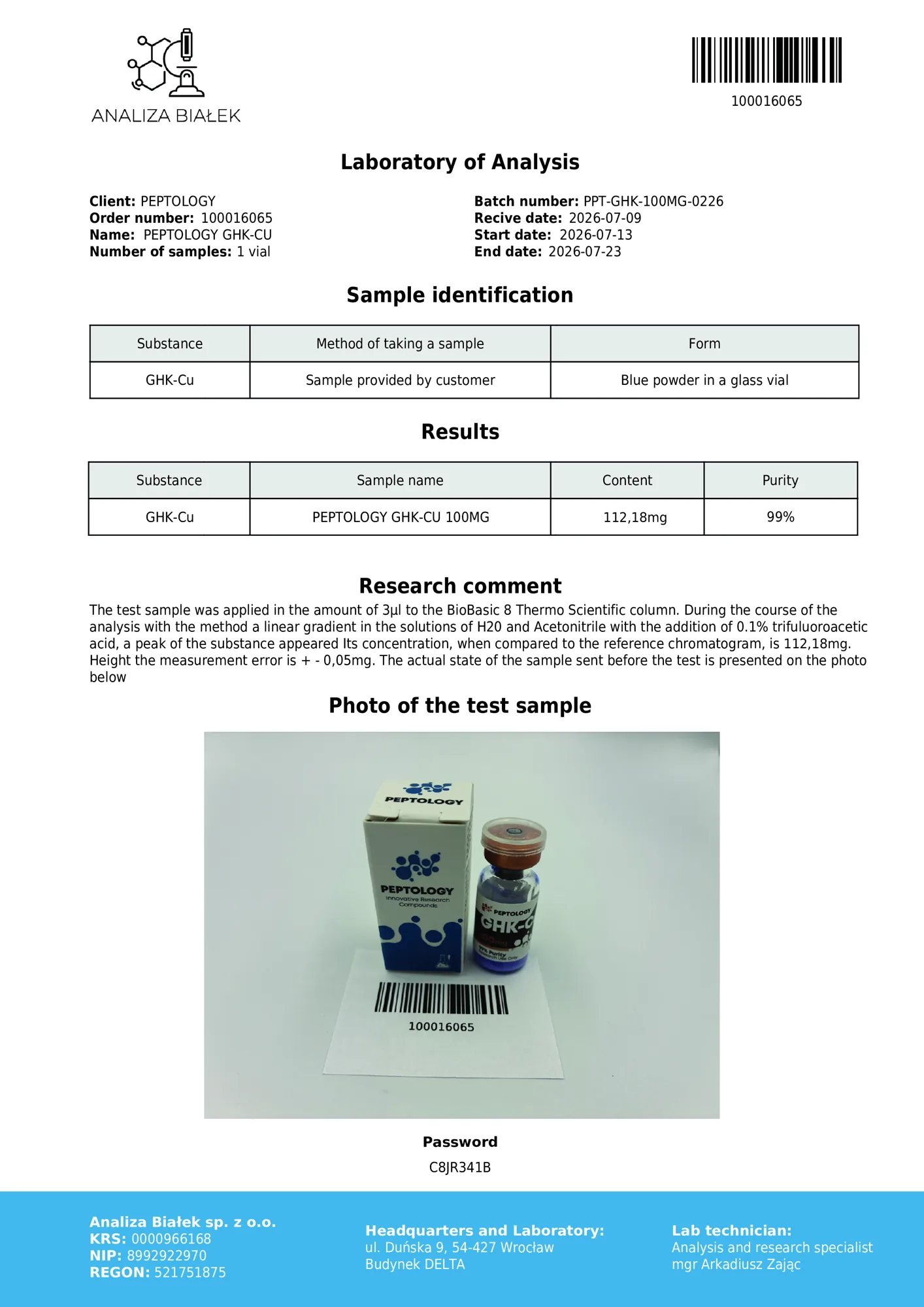 GHK-Cu 100 mg – HPLC-Reinheitszertifikat, Charge 0226