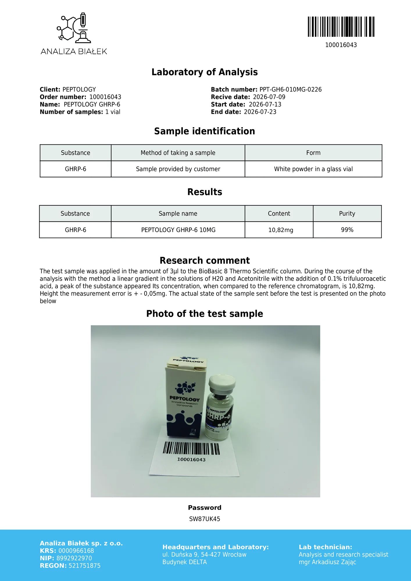 GHRP-6 10 mg – HPLC-Reinheitszertifikat, Charge 0226