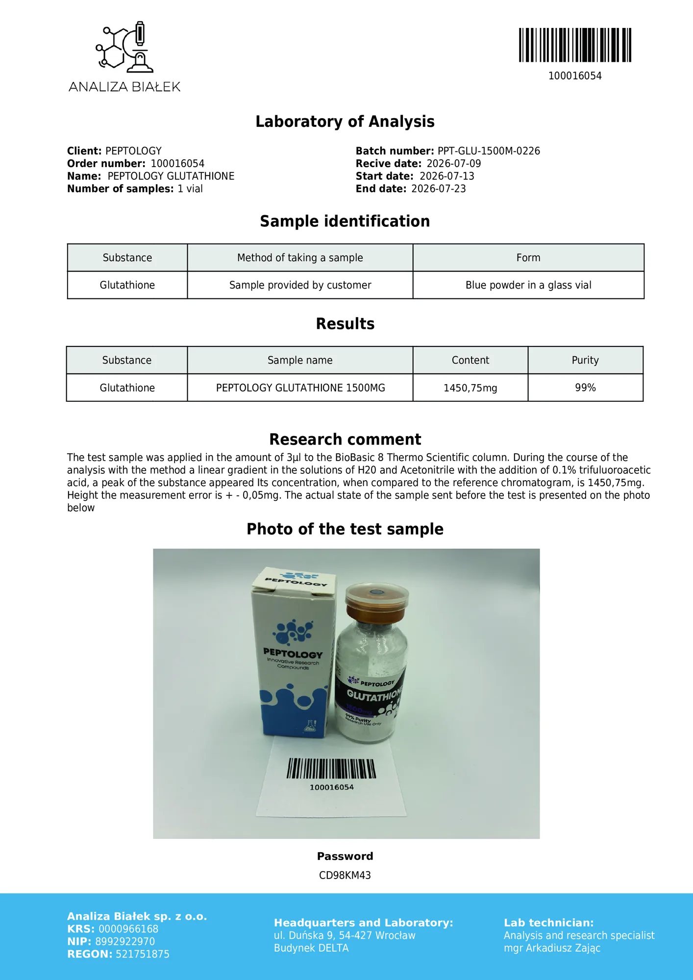 Glutathione 1500 mg – HPLC-Reinheitszertifikat, Charge 0226