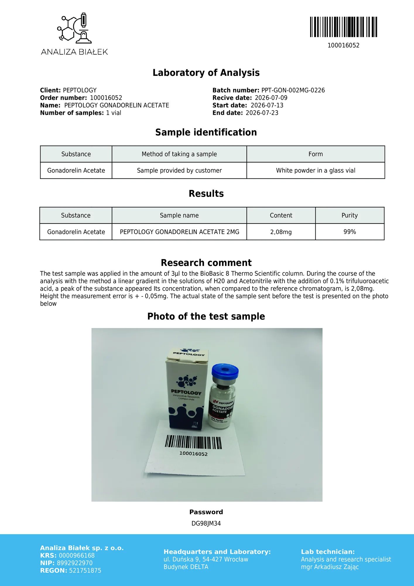 Gonadorelin 2 mg – HPLC-Reinheitszertifikat, Charge 0226