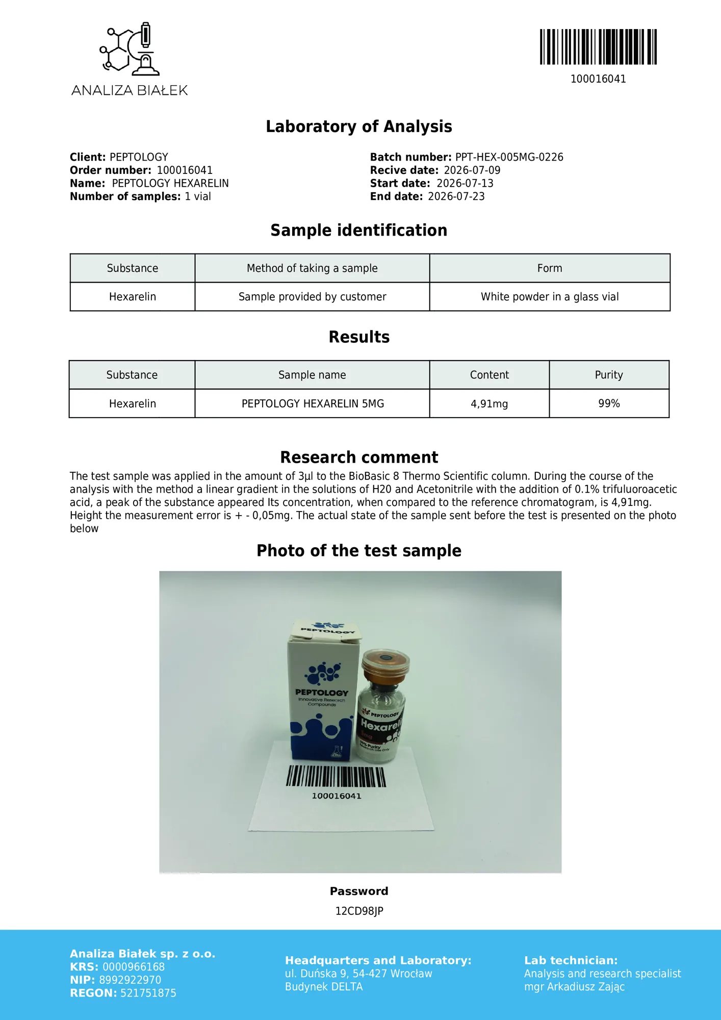 Hexarelin 5 mg – HPLC-Reinheitszertifikat, Charge 0226