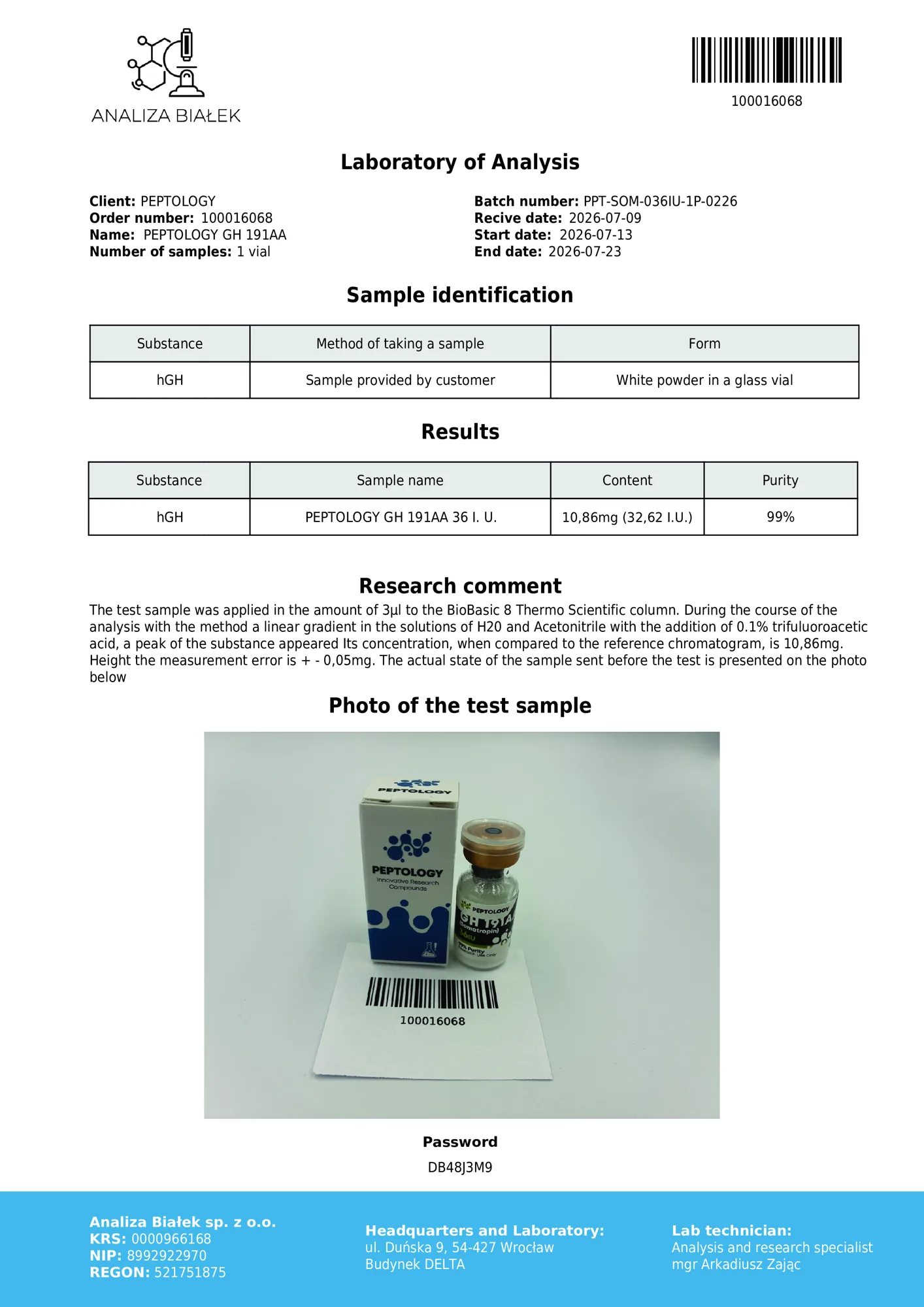 Somatropin 36 IU – HPLC-Reinheitszertifikat, Charge 0226