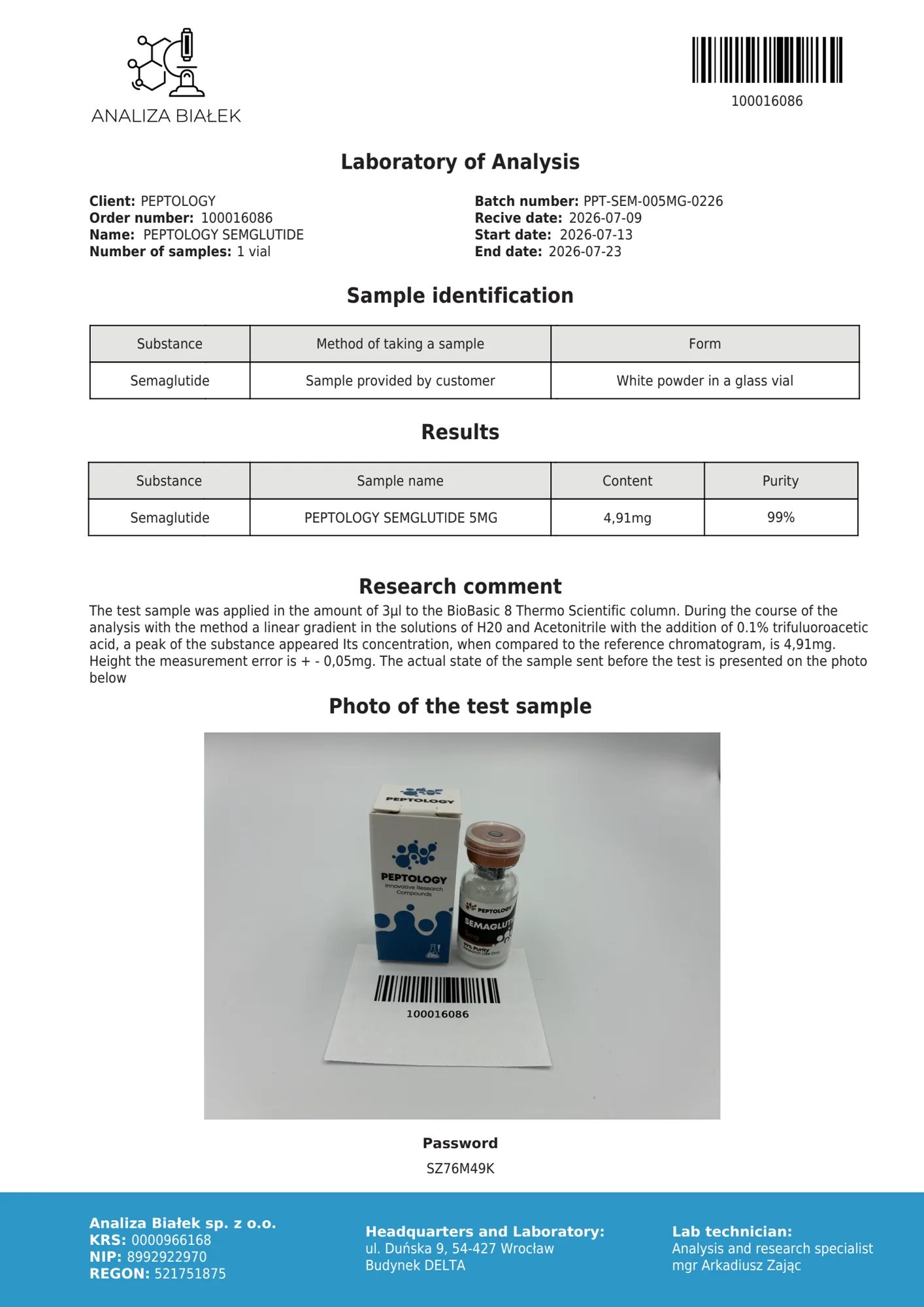 Semaglutide 5 mg – HPLC-Reinheitszertifikat, Charge 0226