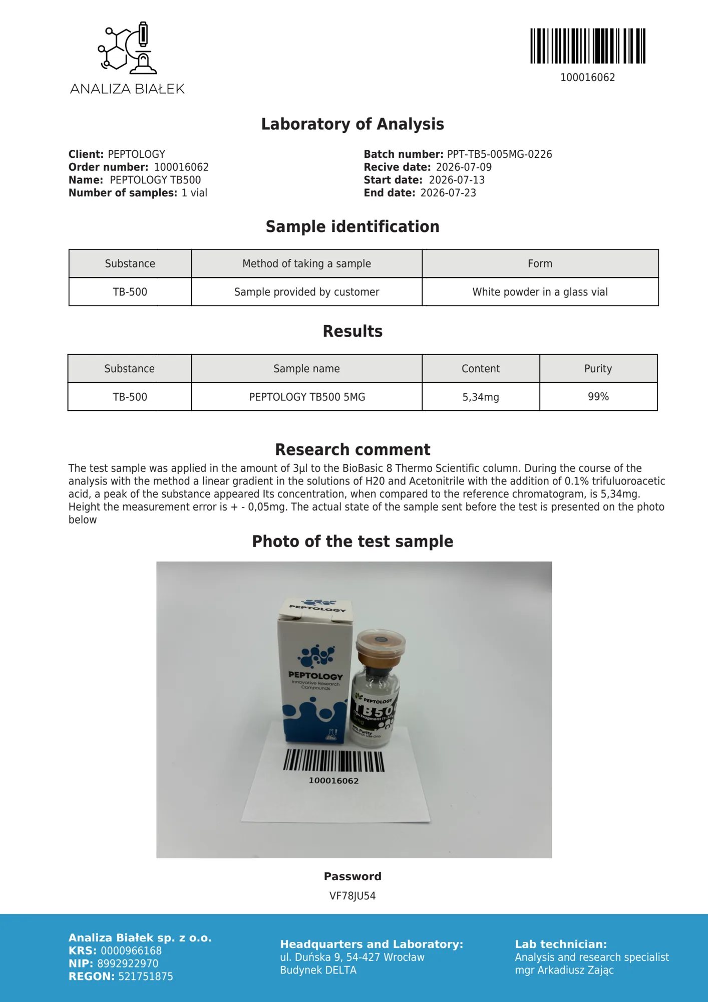TB500 5 mg – HPLC-Reinheitszertifikat, Charge 0226