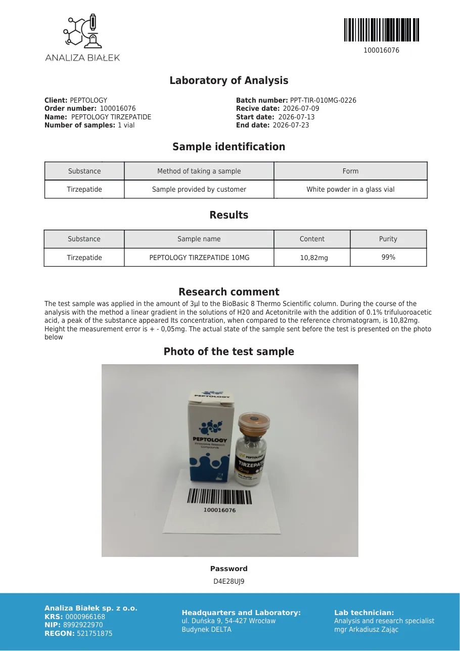 Tirzepatide 10 mg – HPLC-Reinheitszertifikat, Charge 0226