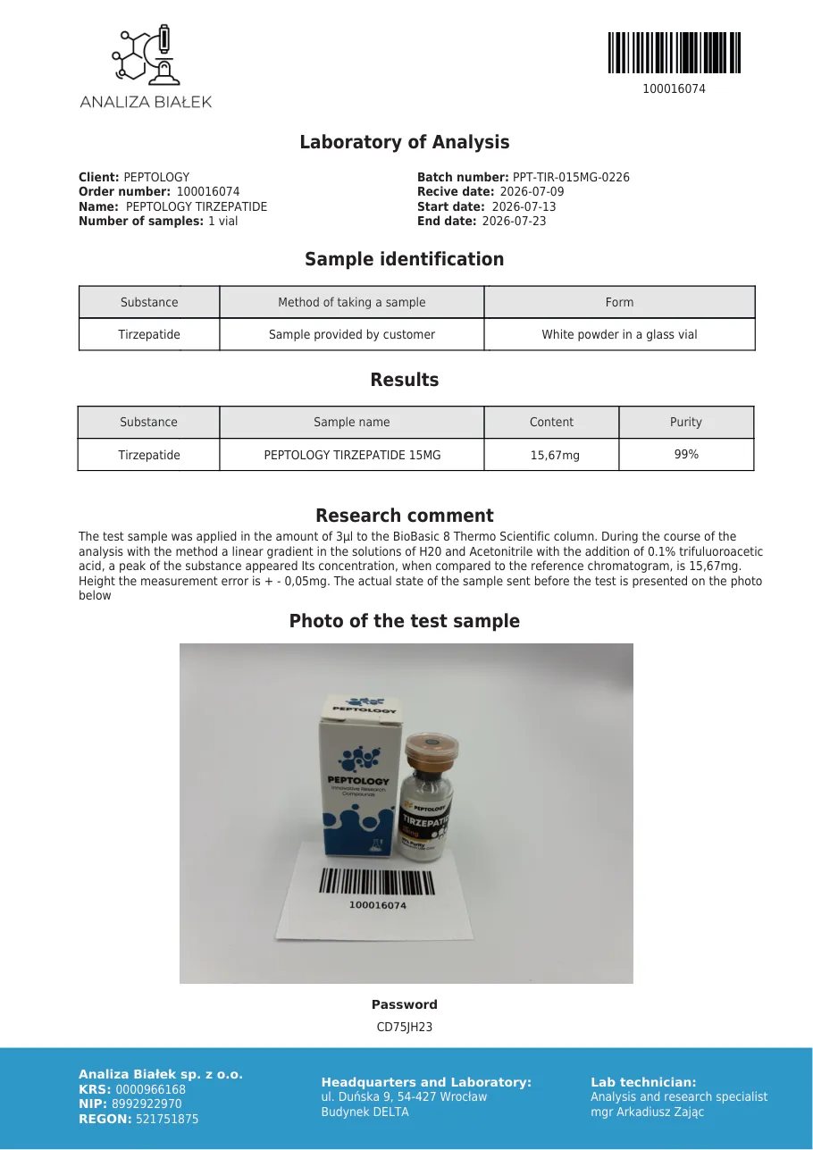 Tirzepatide 15 mg – HPLC-Reinheitszertifikat, Charge 0226