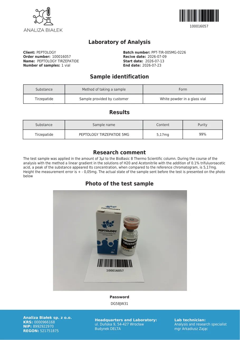 Tirzepatide 5 mg – HPLC-Reinheitszertifikat, Charge 0226