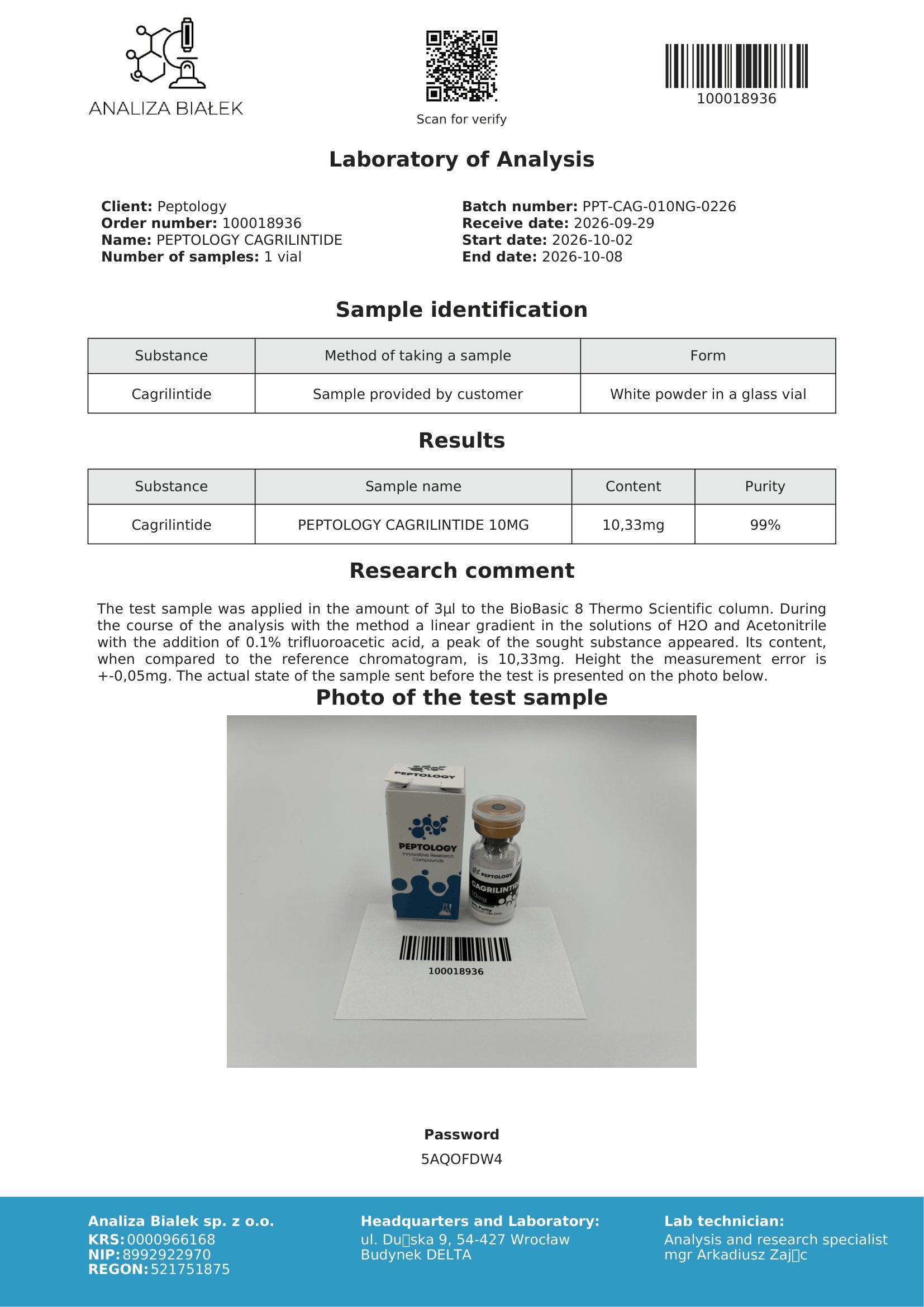 Cagrilintide 10 mg – HPLC-Reinheitszertifikat, Charge 0226