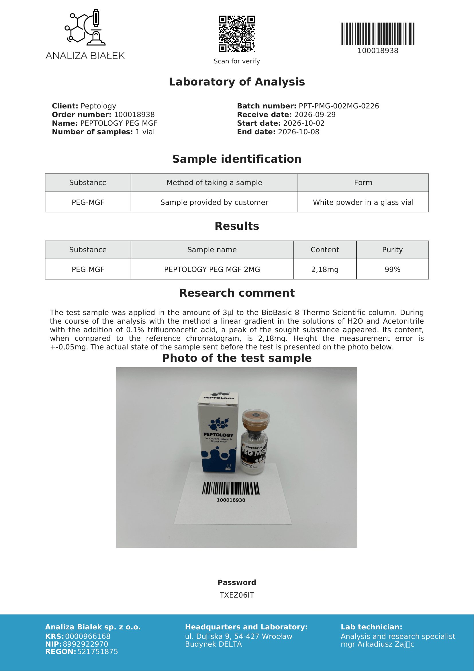 PEG-MGF 2 mg – HPLC-Reinheitszertifikat, Charge 0226